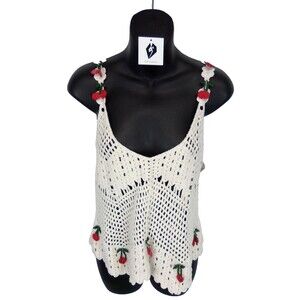 Rebellion Women's Crochet Chic Tanging Cherries Crop Tank Top Cute Size Large
